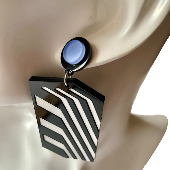 Black and White Striped Statement Earrings 80s Geometric Maximalism Pop Art - Picture 6 of 8